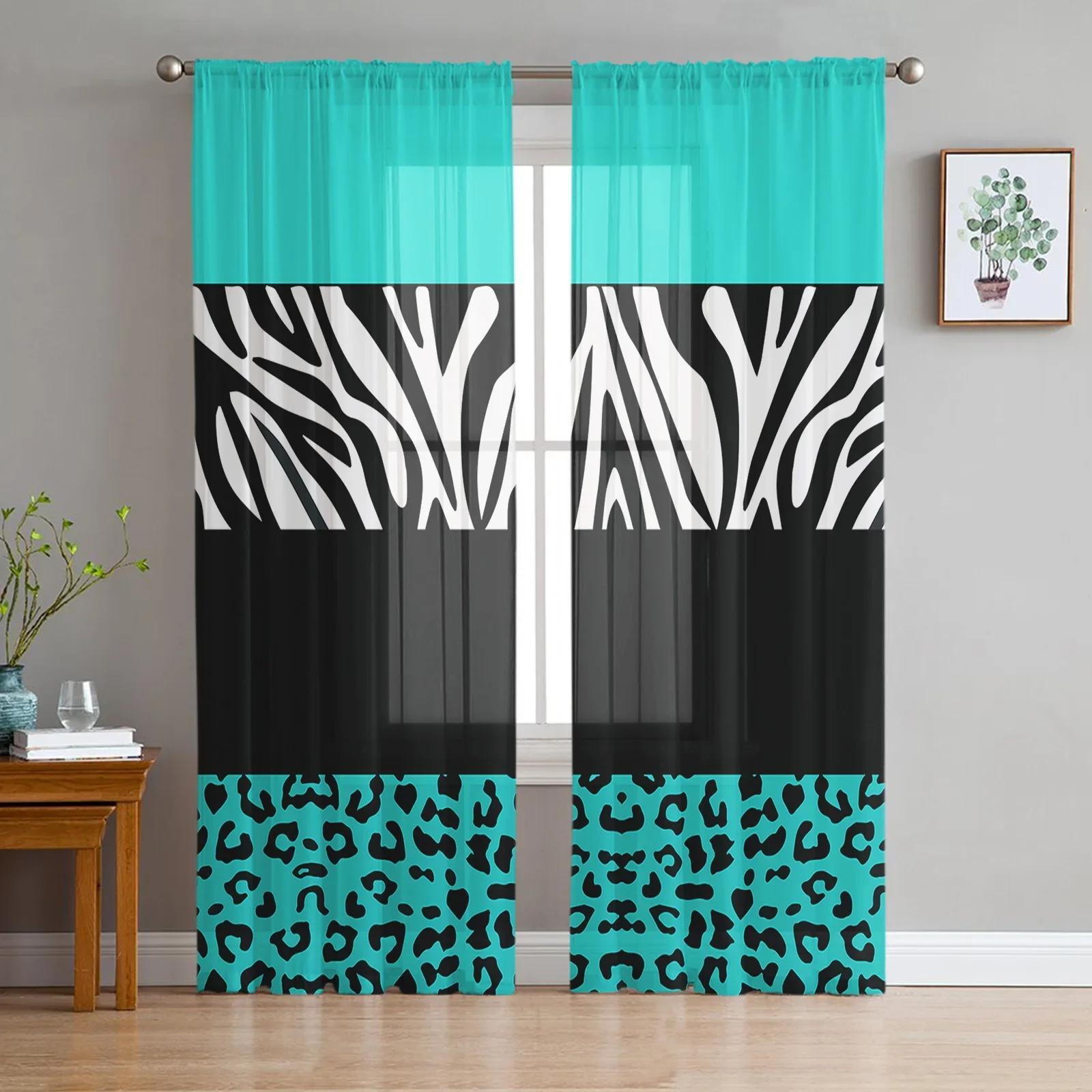 Zebra-Druck Leopard Rot Schwarz Tüll Fenster Vorhänge Wohnzimmer Organza Transparent Voile Vorhang Schlafzimmer Küche Heimdeko Drapierung W135 x H115cm x1&Grommet Top