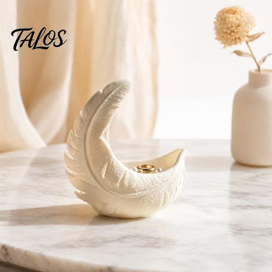 Warm Touch Home Accessory 3D Printed Feather & Crescent Moon Trinket Dish, Silk White Matte Decorative Design Storage Bowl, Artistic Multi-Functional