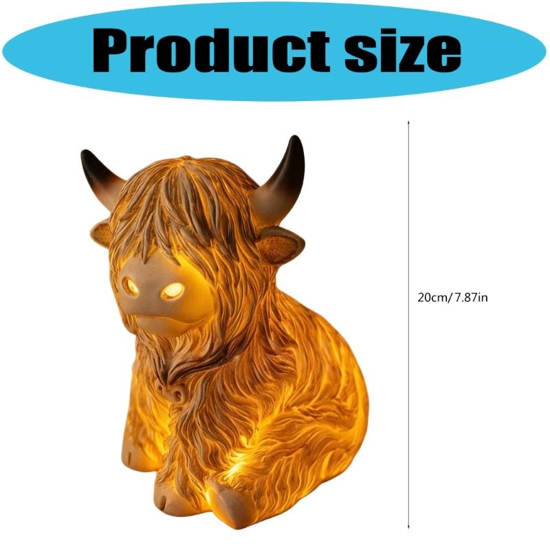 High Land Cow Nightlight Resin Miniature Figurine Desk Ornament Battery Powered for Farmhouse Tiered Tray Decors Gift