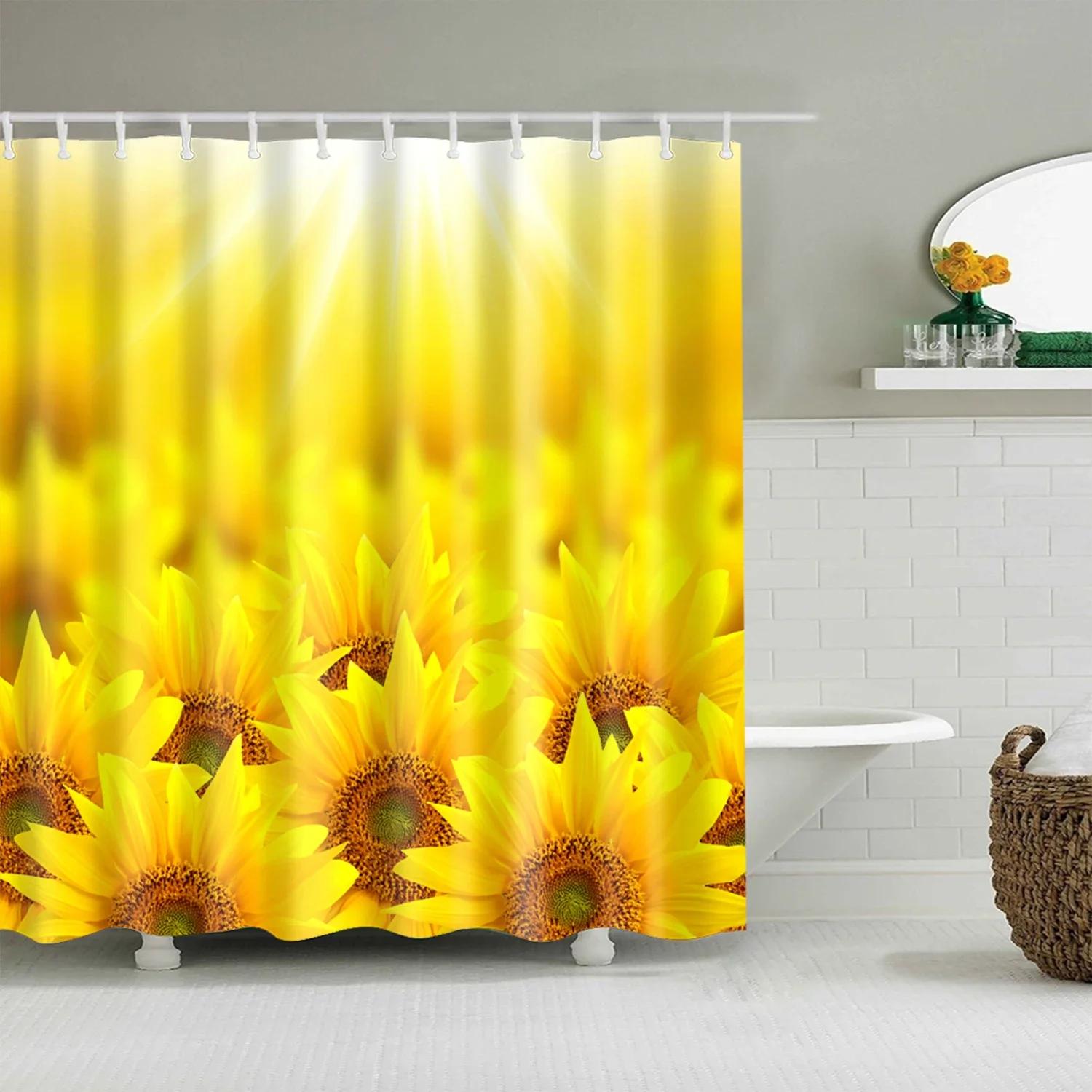 Tropical Green Plant Palm Leaf Cactus Sunflower Seaside Scenery Coconut Tree Frabic Polyester Shower Curtain Bathroom Curtain 90x180cm