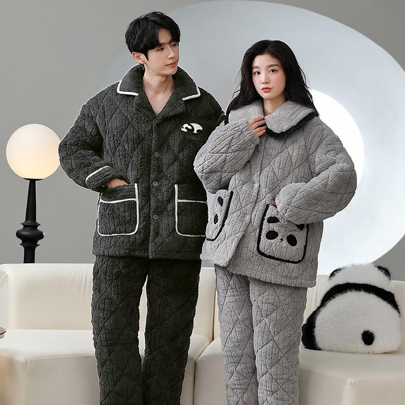 Couple Coral Fleece Quilted Pajamas Set Thick Warm Winter Loungewear Men Women
