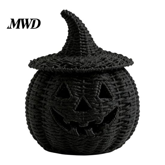 Handcrafted Woven Pattern Pumpkin Halloween Resin Basket, Faux Lantern Ornament, Spooky Party Favors Black Candy Jar for Tabletop Mantel Decor