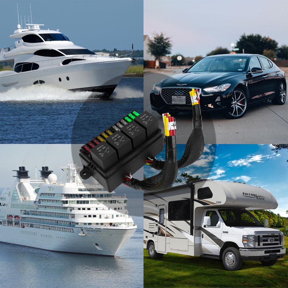 12V Fuse Relay Box with 4 Relay Blocks 12-Way Fuse Holder Dual Pre-Wired Automotive Fuse Block with Cover for Car Truck Marine RV Boat