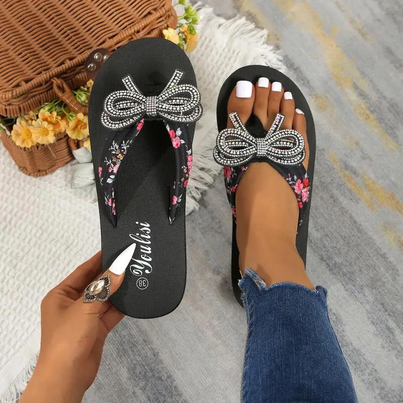 Fashion Women Large Crystal Butterfly-Knot Clip Toe Sandals Multi-Color Print Floral Beach Flip Flops Beautiful Comfort Zapatos De Mujer