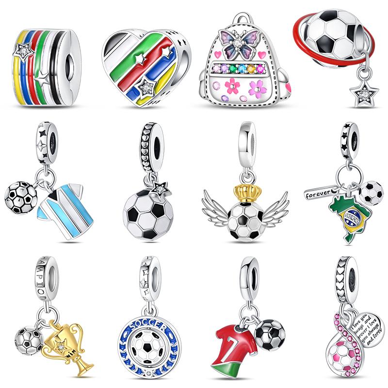 925 Silver Plated Soccer Ball Champion Cup Charms Beads Fit 3mm Bracelets DIY Football Jewelry Gift