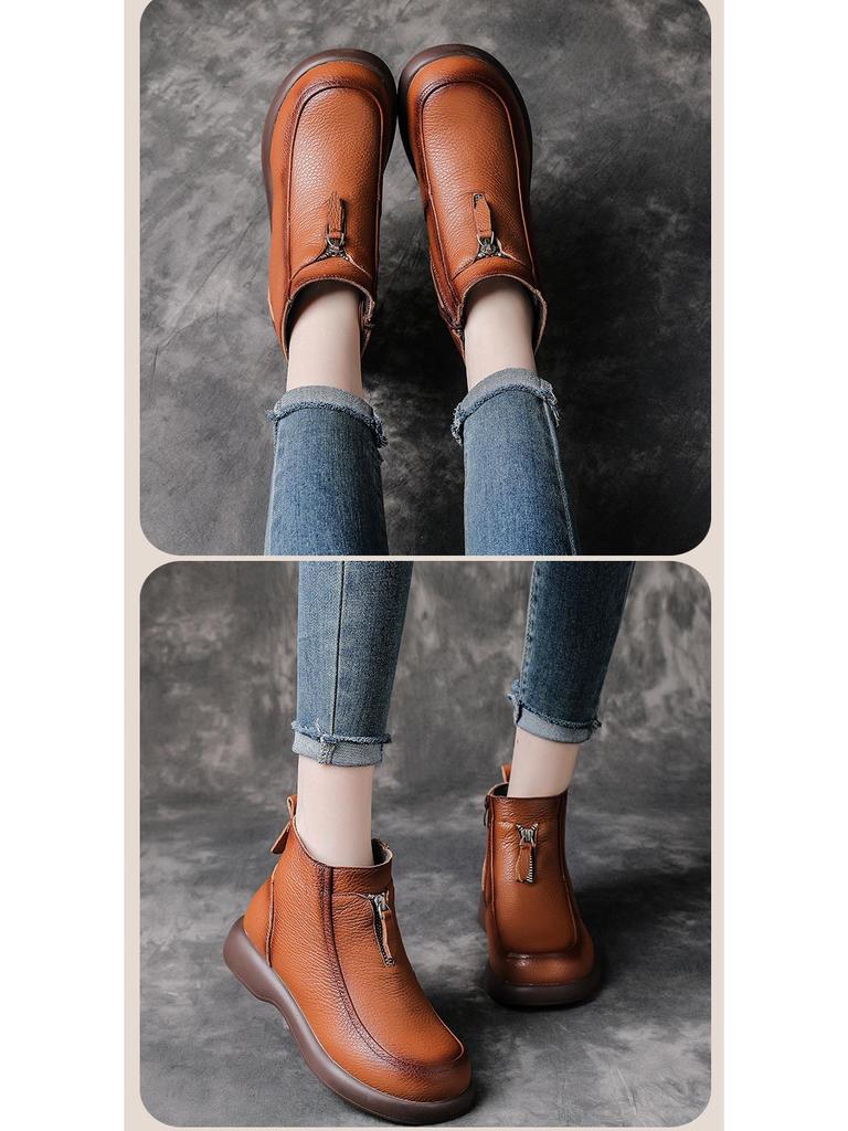 Zimowe damskie skórzane botki Martin na średnim obcasie z wełnianą podszewką - ciepłe buty dla mamy na masywnym obcasie