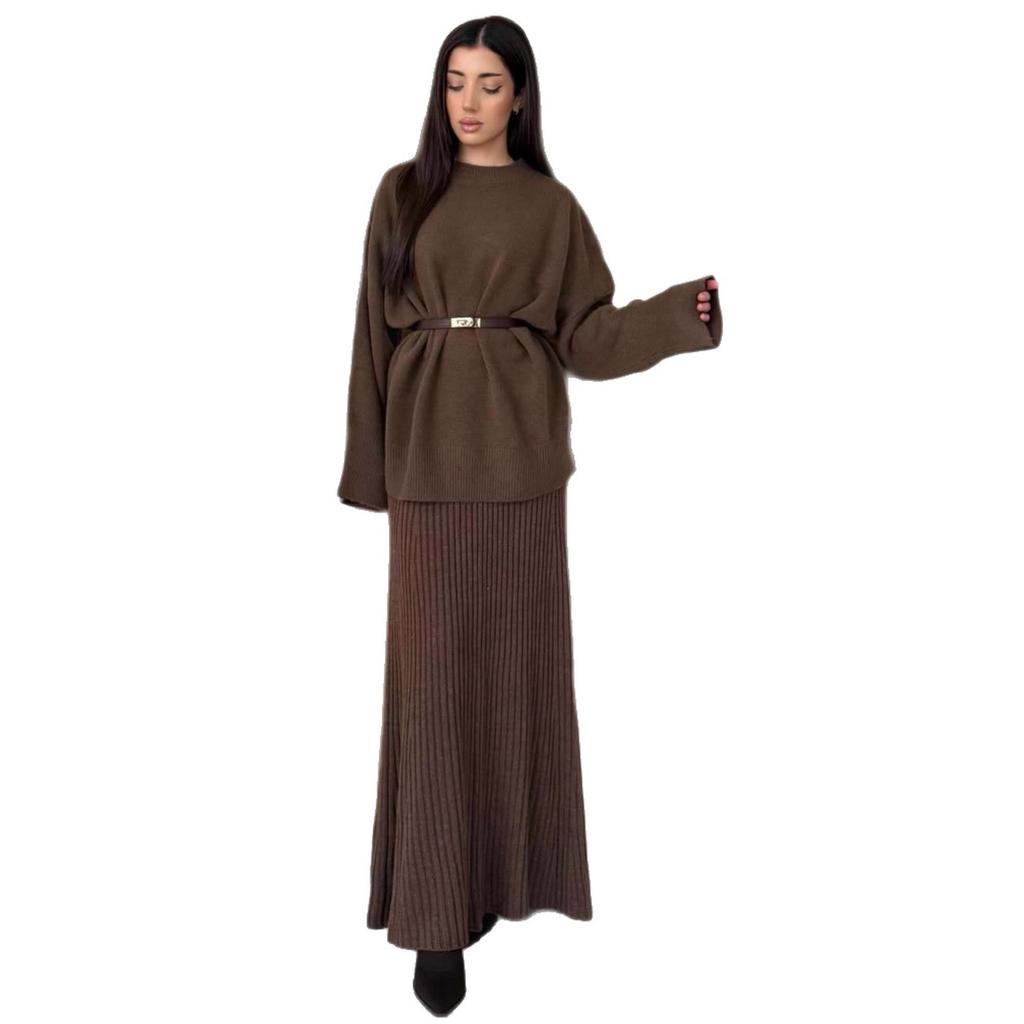  cross-border European and American autumn new round neck loose top belt waist pit strip hip skirt women's clothing