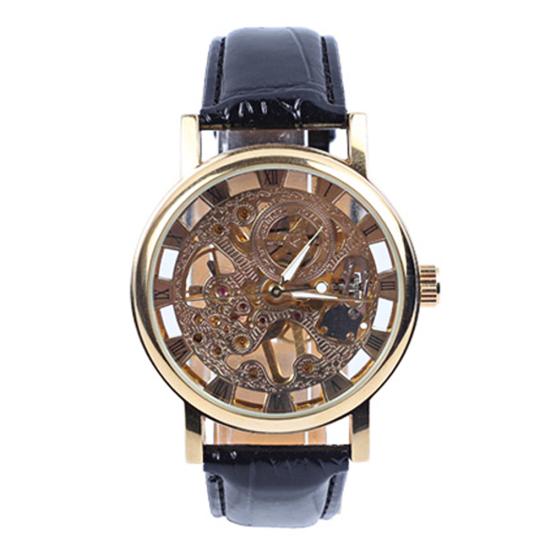 Herrenmode Luxus Skelettierte Hohlzeiger Rundes Zifferblatt Kunstlederarmband Armbanduhr