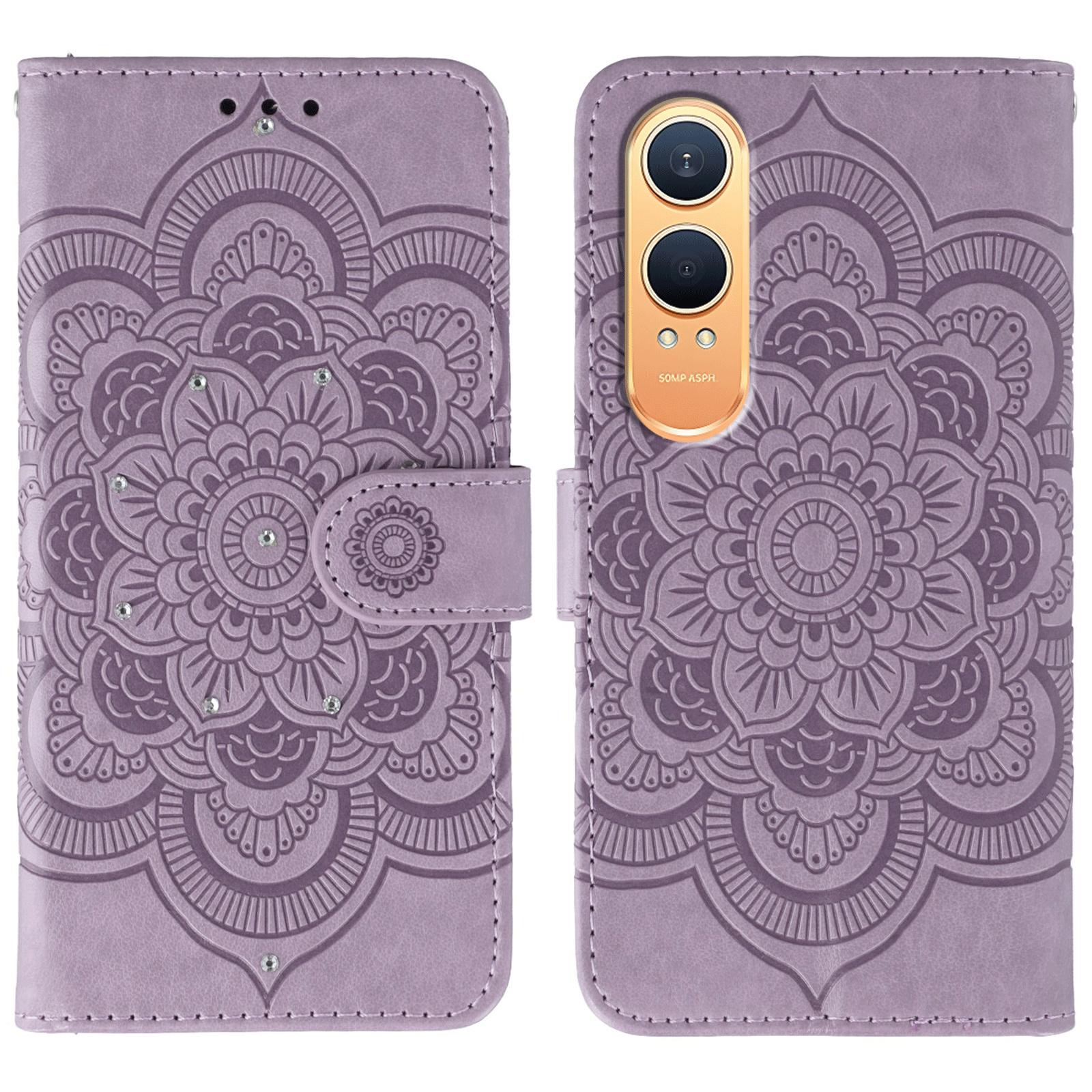 

For OnePlus Nord CE4 Lite 5G/Oppo K12x 5G (China) Case Rhinestone Decor PU Leather Mandala Imprinted Design Phone Cover with Wrist Strap Purple