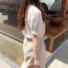 Korean Chic Women's Puff Sleeve Lace Patchwork Pleated White Summer Top