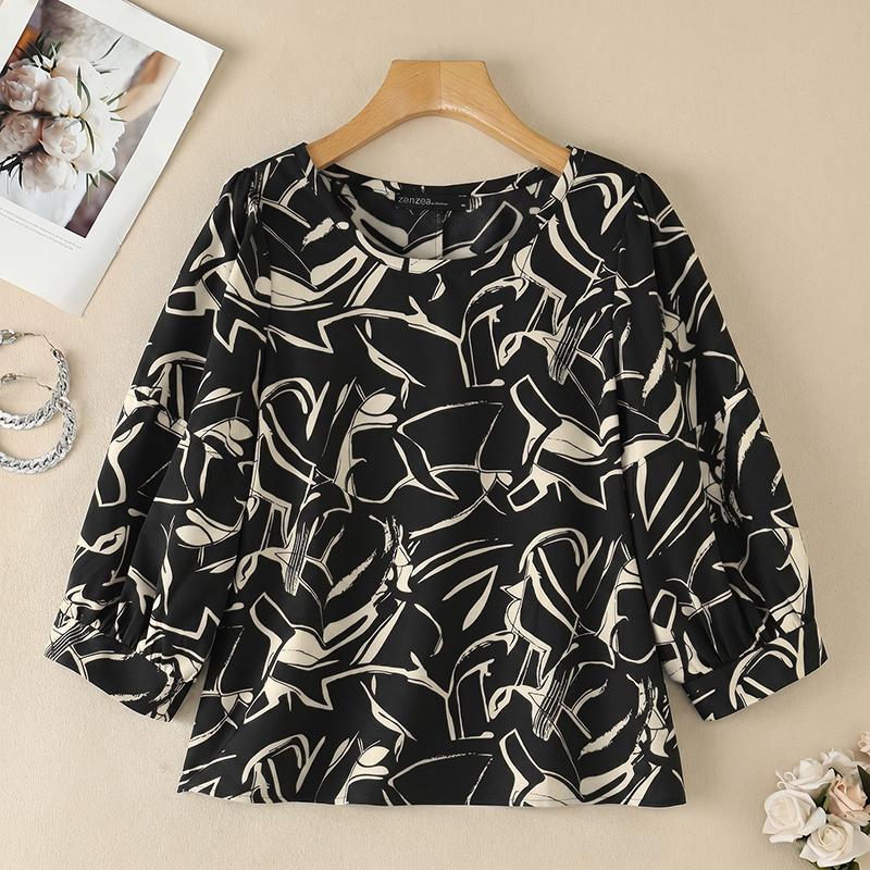 ZANZEA Women Casual Round Neck Loose 3/4 Sleeve Print Blouse
