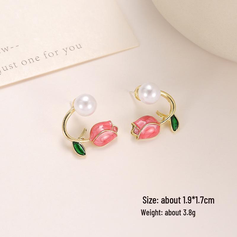 925 Silver Tulip Oil Drop Two-Way Pearl Earrings - Korean Sweet Flower Design for Women