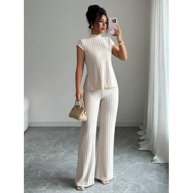 European Women's Solid Color Short-sleeve T-shirt & Ribbed Pants Set - 2025 Style