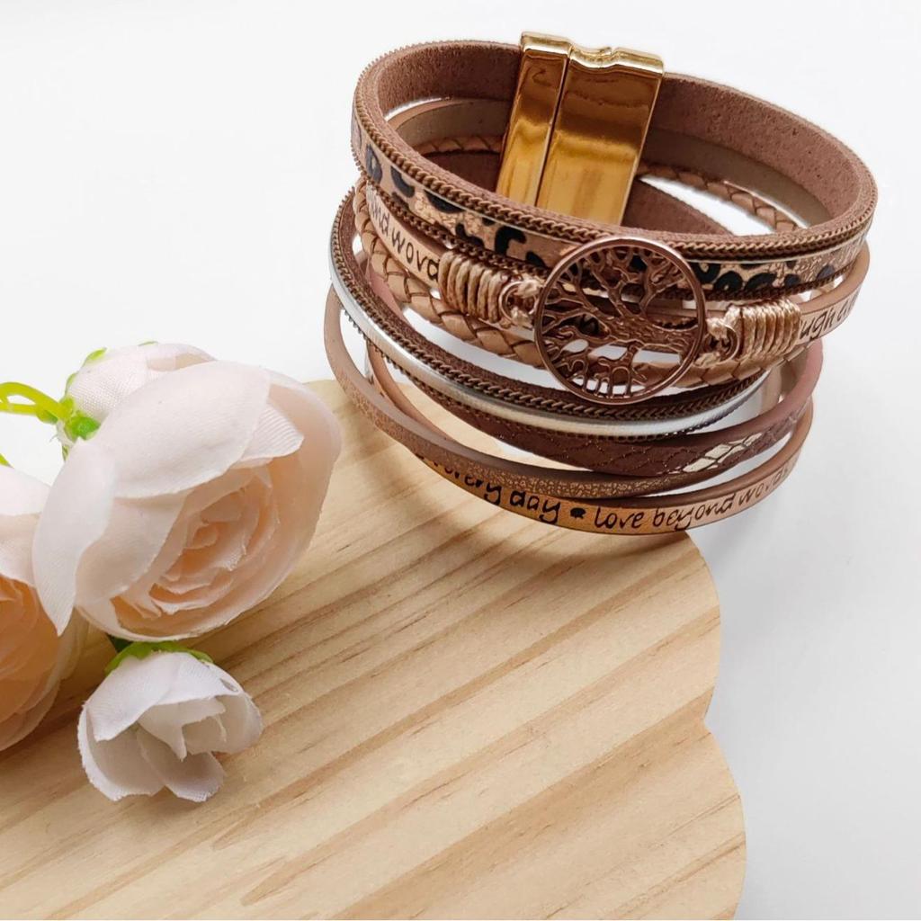 Hollow Tree of Life Multi-Layer Pearl Leather Bracelet with Magnetic Clasp