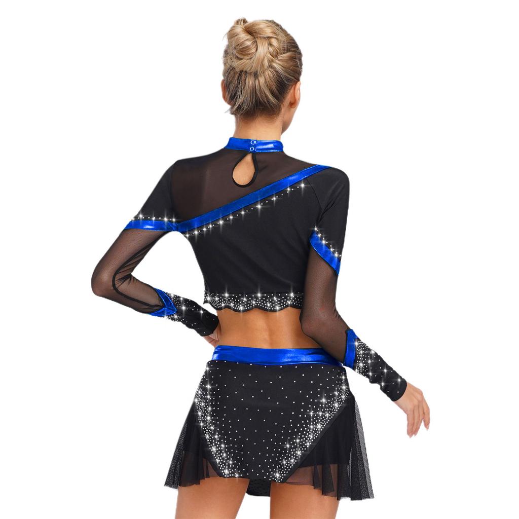 Womens Cheerleading Costume Set Long Sleeve Rhinestone Crop Top Matching Dance Skirt Performance Outfit