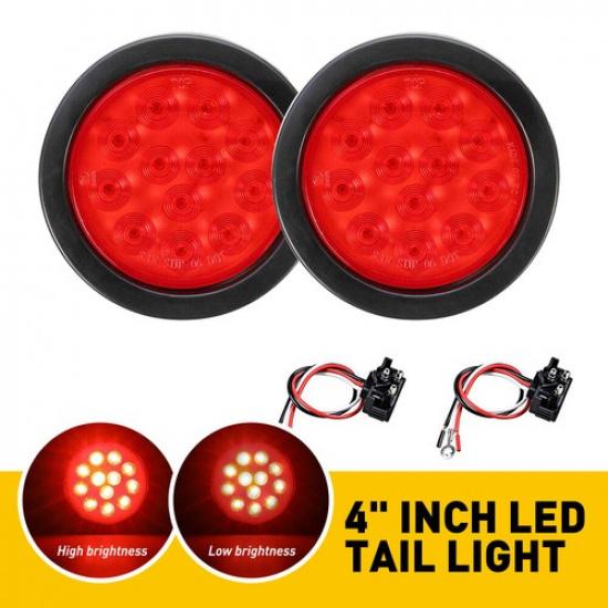 2X Red LED 4  Round Truck Trailer Tail Stop Turn Brake Lights Chrome Grommet EOA