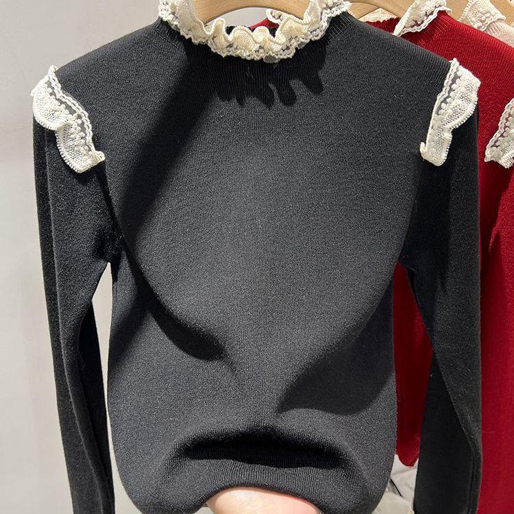 2025 Autumn Women's Apricot Lace Patchwork Knitted Sweater