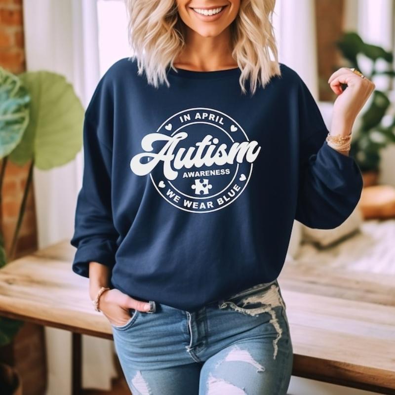 Autism Awareness Sweatshirt In April We Wear Blue Crew Neck Soft Comfortable Autumn and Winter Fashion Simple Thermal Hoody Tops