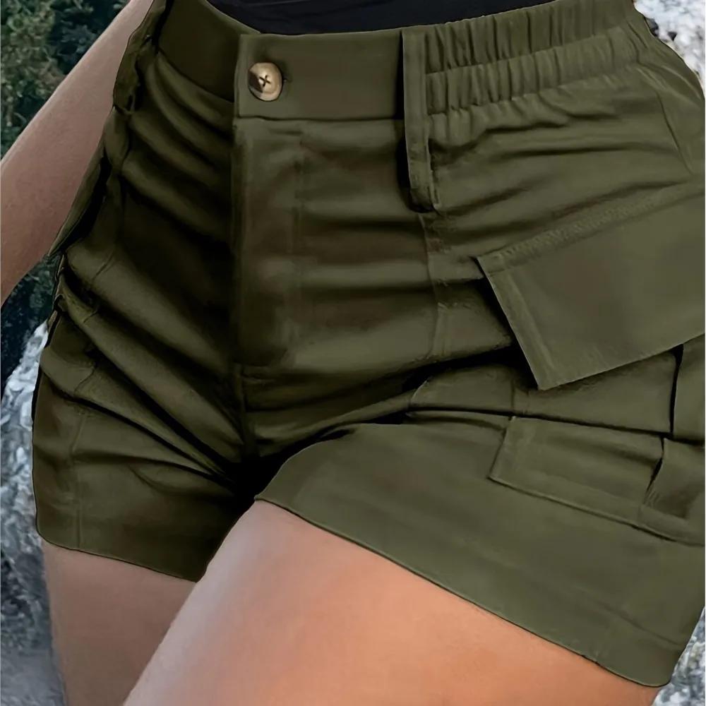 Modne Spodenki Damskie Jednokolorowe Codzienne Wygodne Codzienne Uliczny Styl Odzież Damska Wysoki Stan Guzik Kieszeń Kombinezon