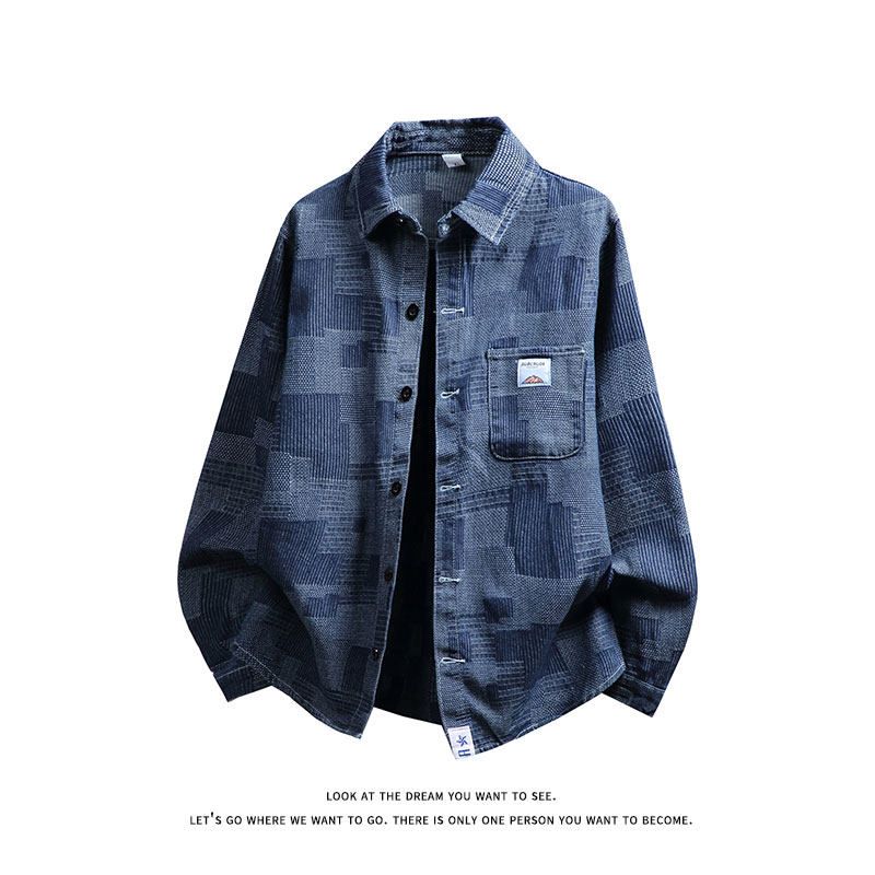 Dongjie [No Logo] Denim Jacket Men s Plaid Shirt Jacket Trendy Brand Youth Casual Top Jacket F Dark Blue 3XL