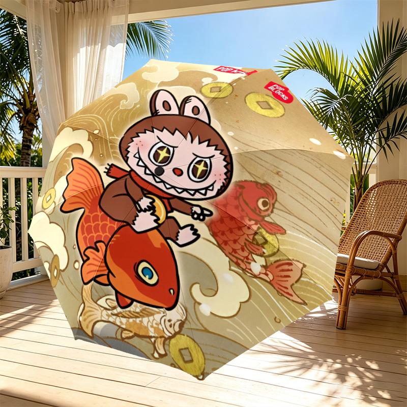 Labubu Print Automatic Open Close Umbrella, Portable Foldable Umbrella, for Outdoor Commute Camping Trip, Ideal Birthday Gift
