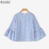 ZANZEA Women Floral Print Casual Round Neck 3/4 Sleeve Loose Plaid Blouse