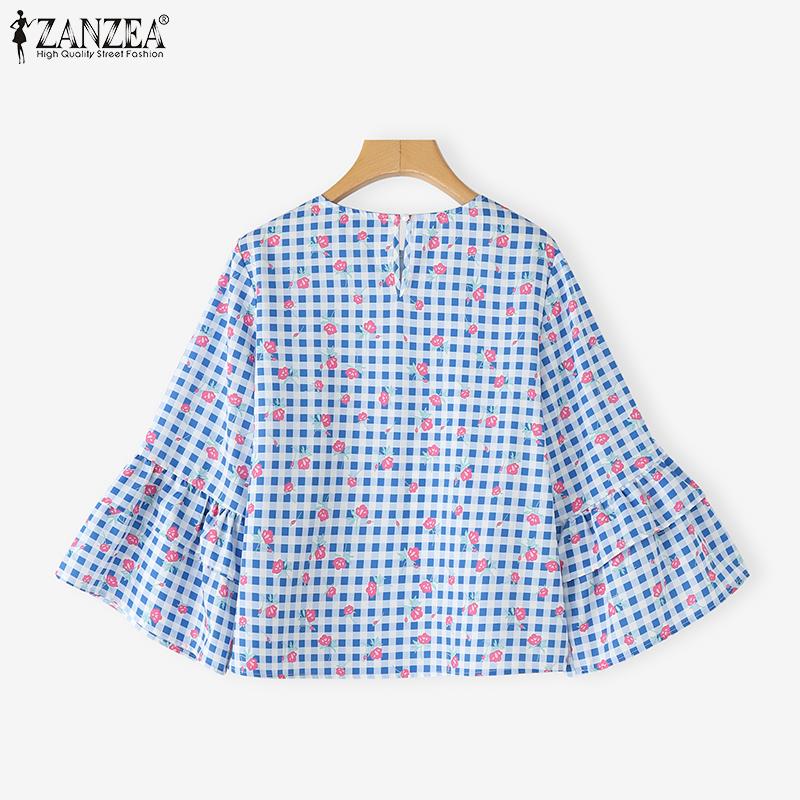 ZANZEA Women Floral Print Casual Round Neck 3/4 Sleeve Loose Plaid Blouse