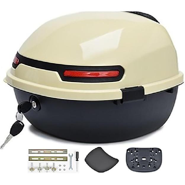 Мотоциклетный верхний кофр, Мотоциклетный задний кофр багажник с замком для хранения, Пластиковый водонепроницаемый верхний кофр с удобной пластиковой спинкой, Универсальное крепление бежевый