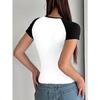 Women Black White Raglan Sleeve Square Neck Fitted Cropped T Shirt