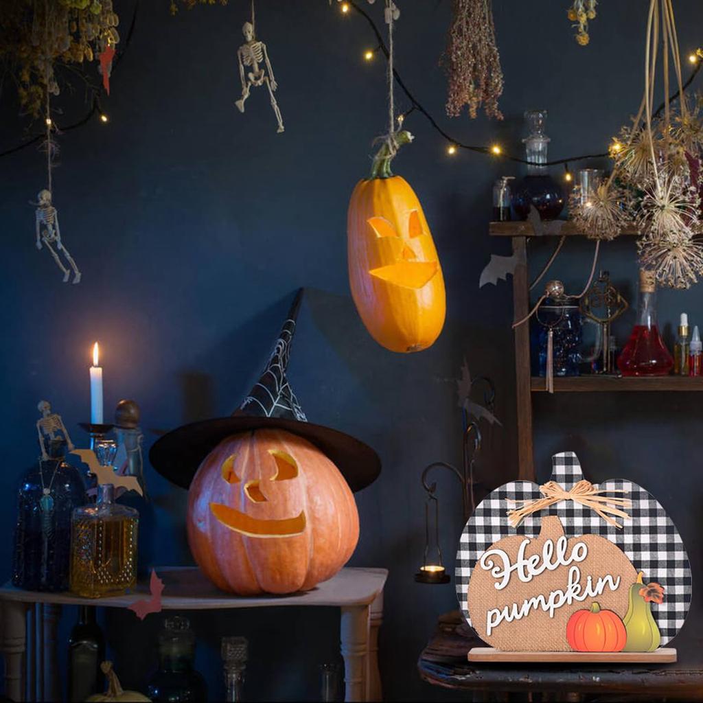 Wooden Plaid Pumpkin Table Decor with Burlap Accent and Seasonal Vegetable Cutouts for Autumn Home Decoration Rustic Style