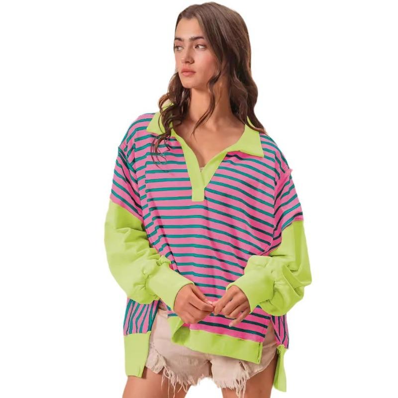 JPNTKY Dámská móda Ležérní Podzim Zima Pruhovaný potisk Dlouhý rukáv POLO Límec Trička a Topy s dlouhým rukávem