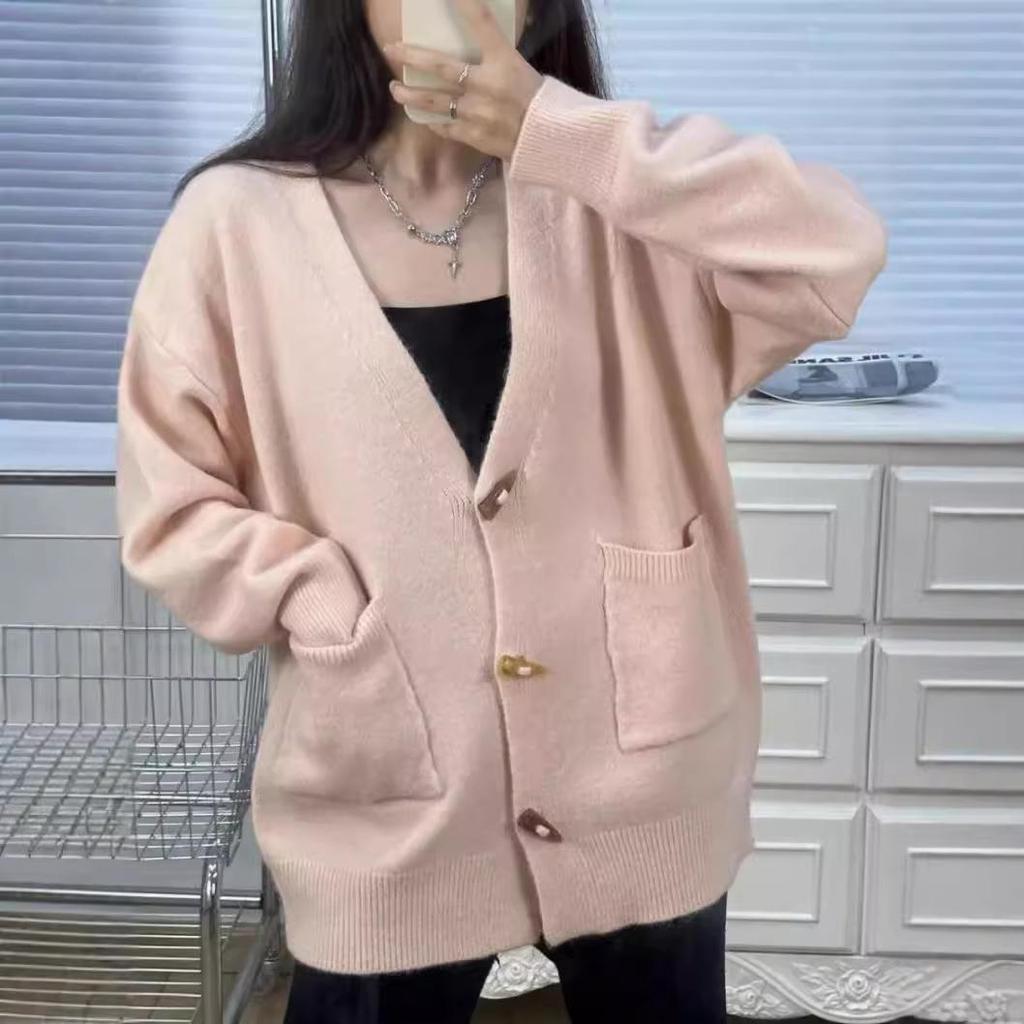 Damen Übergröße Hornknebel Strickjacke - 2024 Herbst/Winter Lockerer Oberbekleidungs Pullover Mantel