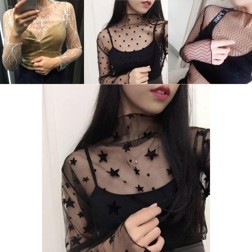 Women Mesh Top With Nylon Fabric Long Sleeve Sheer Lace Shirt For Spring Summer Fashion