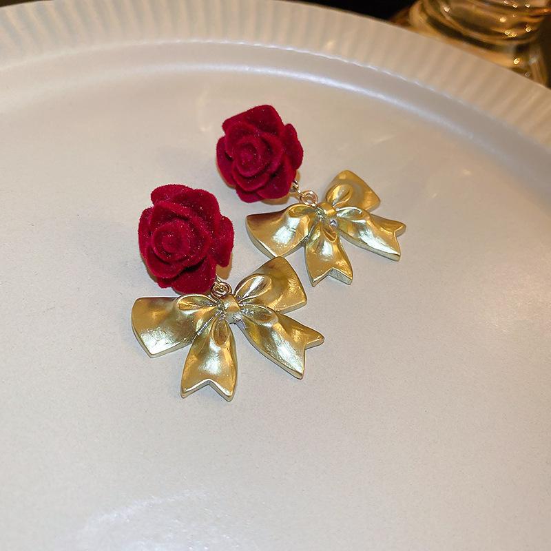 Flocking red bow earrings autumn and winter new niche versatile earrings fashionable elegance temperament earrings women