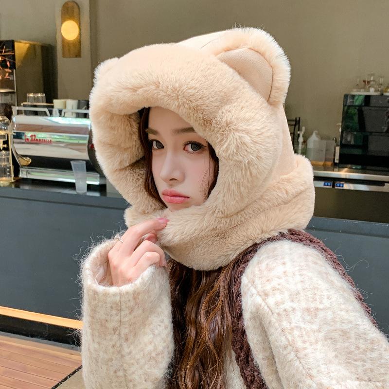 2-in-1 Hat and Scarf, Ear Scarf Hat Beanie, Cute Ear Plush Hat Scarf Combo, Integrated Ear Protection Windproof Cap Scarf for Women