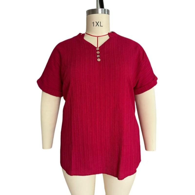V Neck Casual Simple Summer Blouse Large Size Short Sleeve Fashion Elegant Buttons Shirts Ladies Solid Color Office Tops Elegant Sweet Clothing