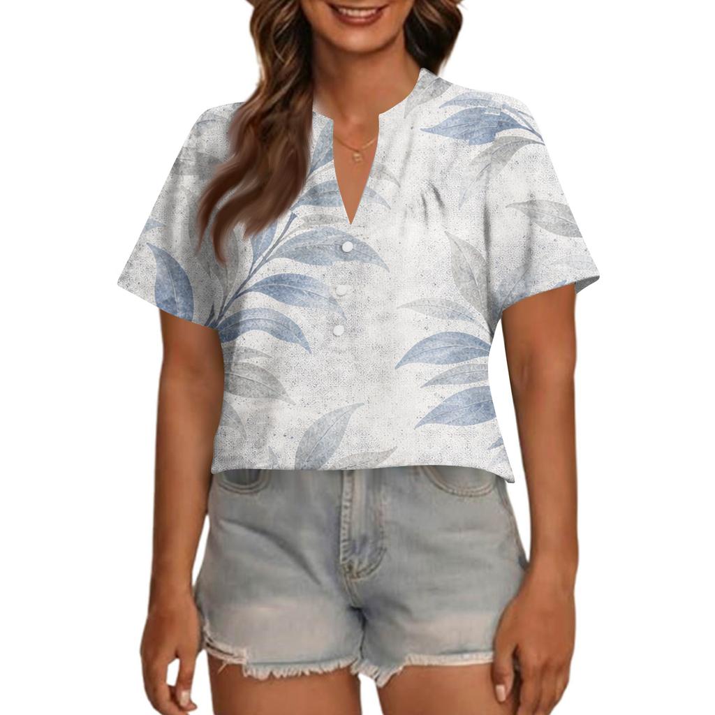 Women's Fashionable Casual V Neck Button Up Oversized Short Sleeve Printed Top