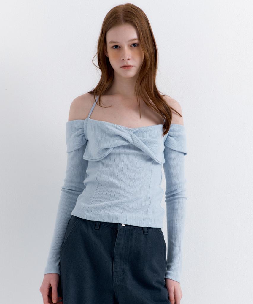 RAVEROUS Shirred Off-Shoulder T-Shirt Sky Blue