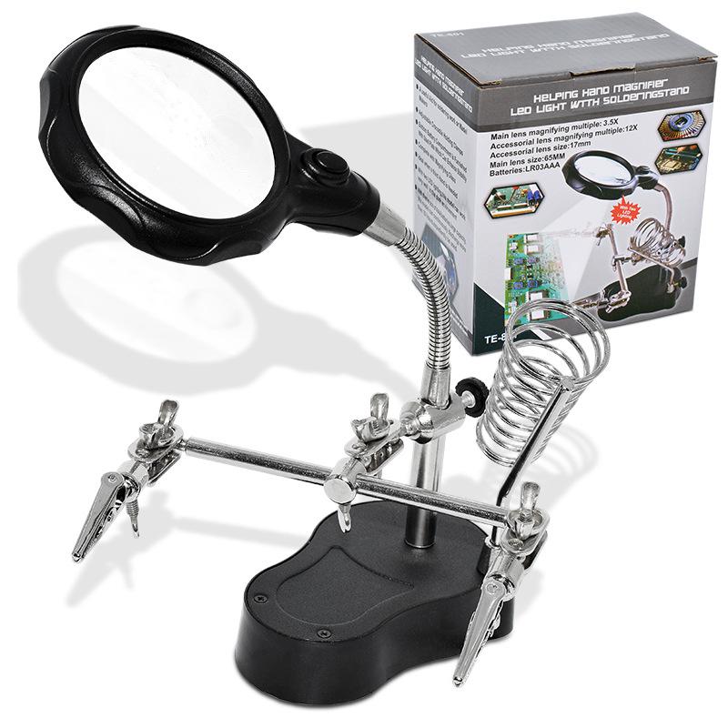 Illuminated Desktop Magnifier Soldering Stand with Clips and Iron Holder