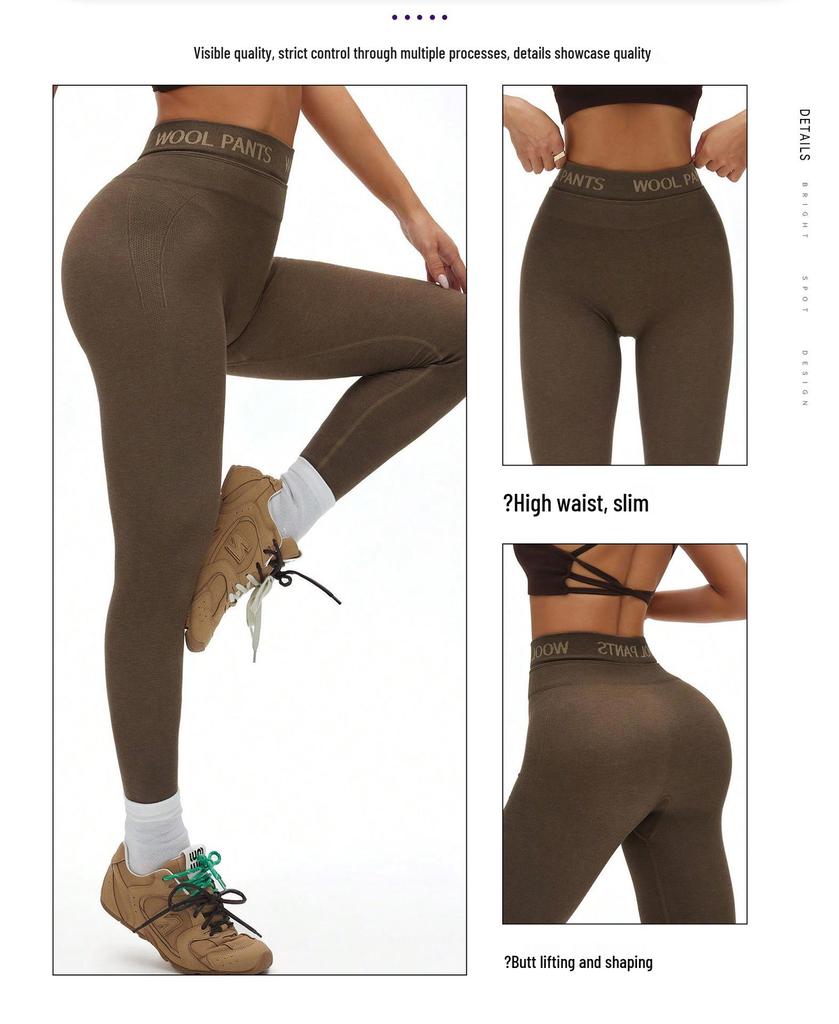 High Waist Cashmere Yoga Leggings with Letter Waistband - Seamless, Comfortable, Tummy Control, Slimming, and Warm.