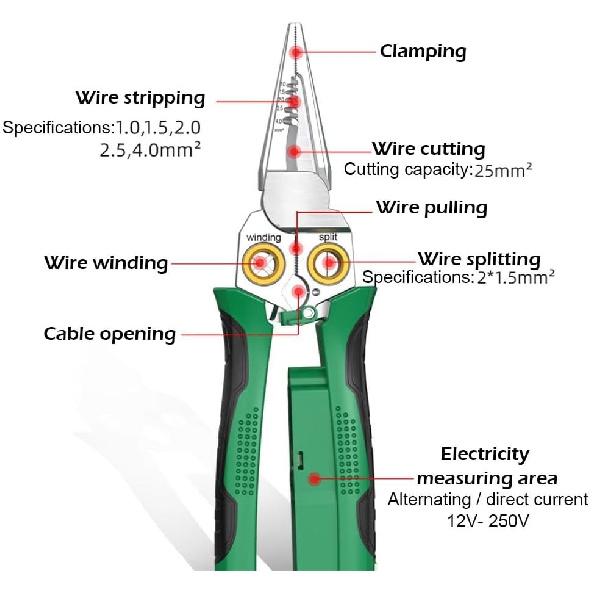 Wire Strippers with Electricity Measurement Function, 8in1 Wire Stripping Pliers for Cutting and Pulling Wires, Cable Scissors for Scraping and