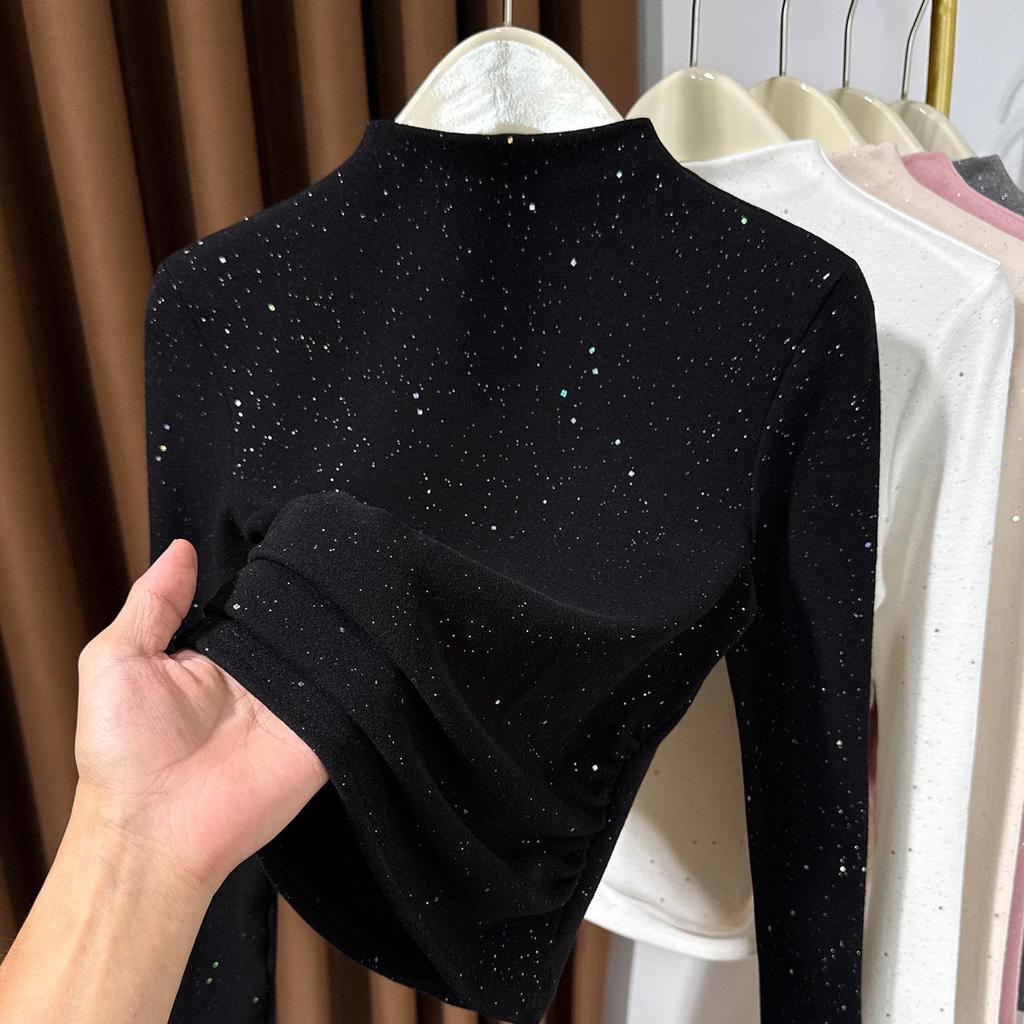 Ribbed Plush Sequined Half-High Collar Long Sleeve Top for Women – Autumn/Winter Stylish Inner Layer