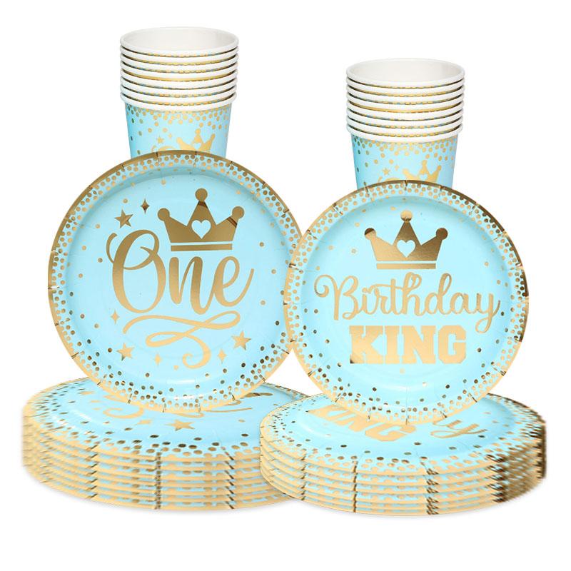 Blue Gold Boy One Year Birthday Disposable Tableware King Crown Plates Paper Cups 1st Baby Boy First Happy Birthday Party Decor