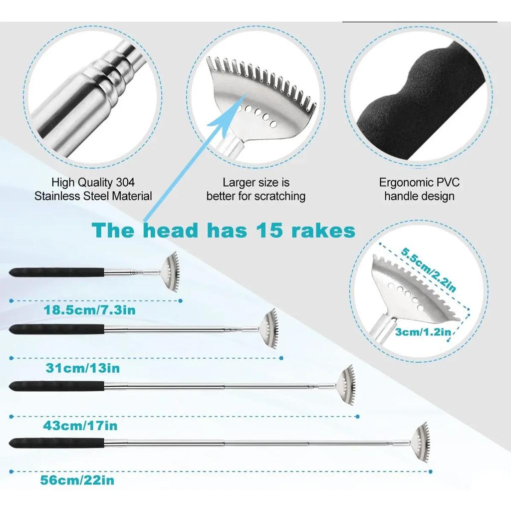 Extendable Back Scratcher the Head Has 15 Rakes, Stainless Steel Portable Telescopic Rubber Handle Back Scratchers for Elderly
