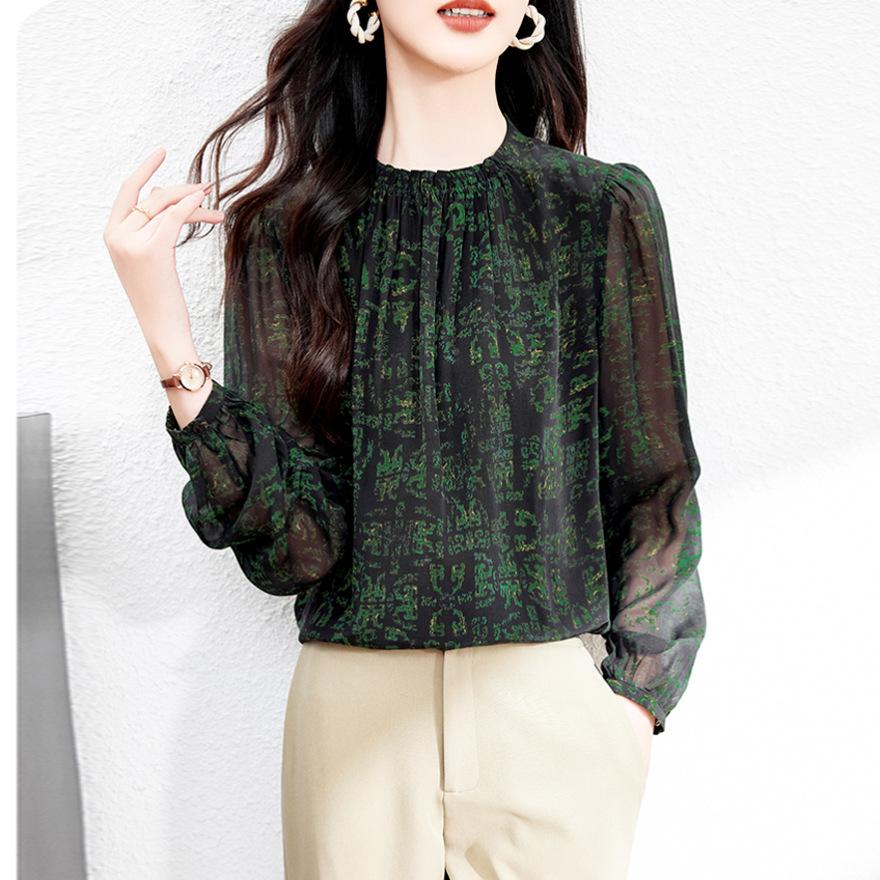 Fashion Crew Neck Silk Shirt Women's Temperament Elegant Printed Mulberry Silk Shirt