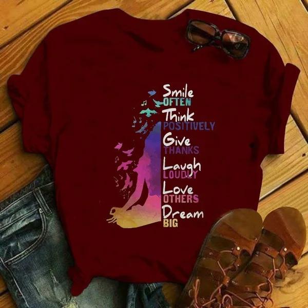 

Футболка с принтом «Улыбка, любовь, мечта» женская, с коротким рукавом, с круглым вырезом, свободная женская футболка, женская модная футболка, топы, одежда Mujer XXXL бордовый