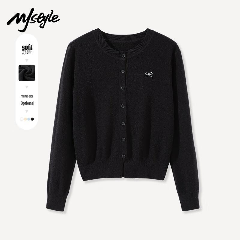 MJ Style Women's Bow Embroidered Round Neck Knit Cardigan