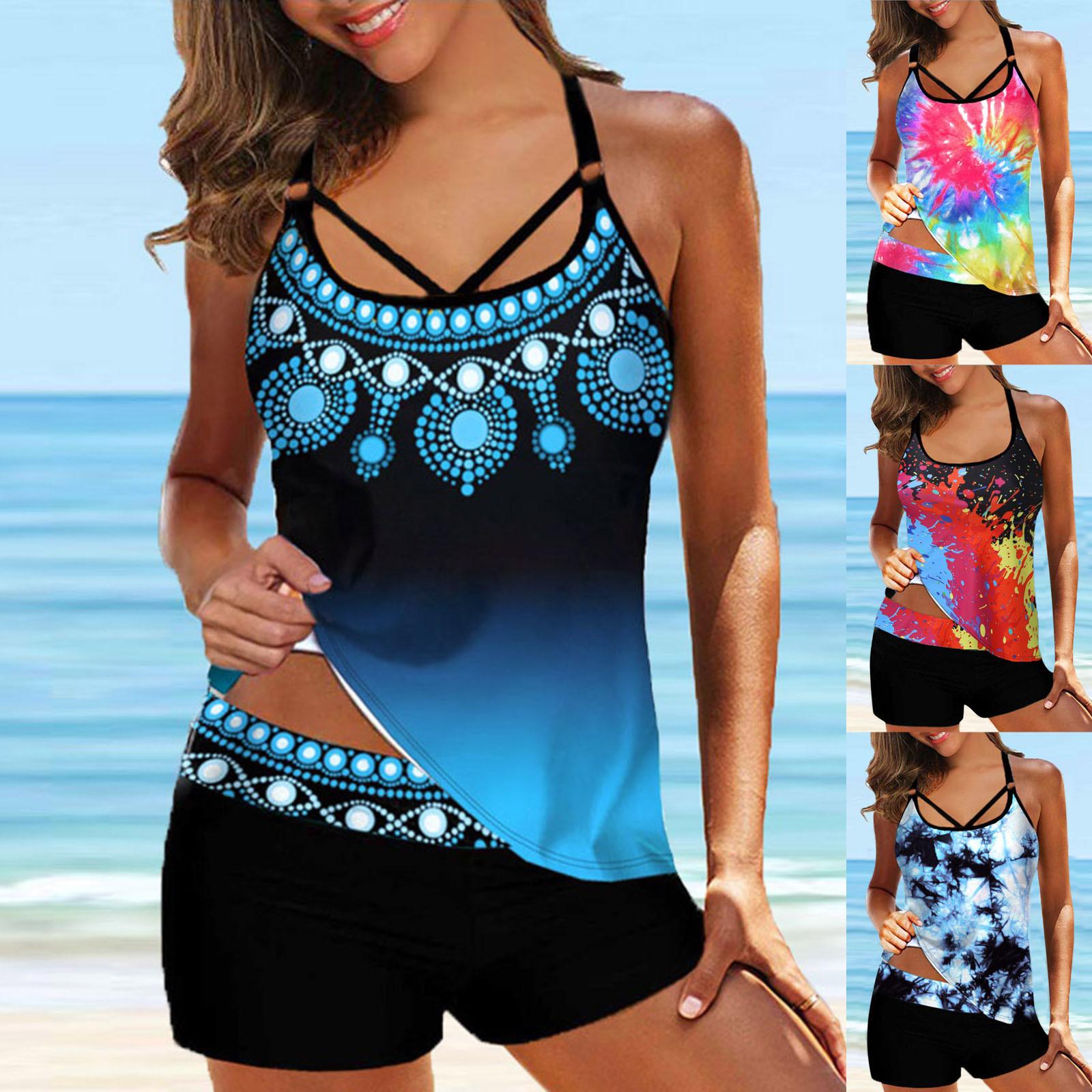 

Womens Multi Color Tie-Dye Print Set Two Piece Swimdress and Panty Swimsuits