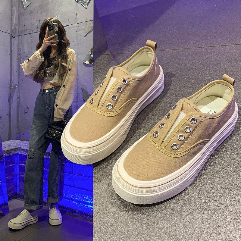 Thick-soled one-pedal canvas shoes for women's 2025 spring new versatile casual no-lace-up, not tired feet, white shoes, board shoes