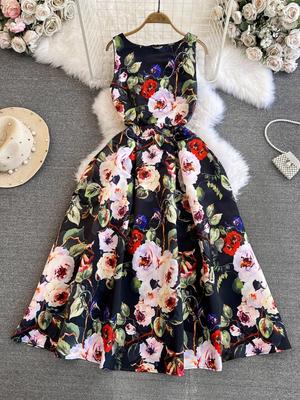 Καλοκαιρινό Κομψό Φλοράλ Ζακάρ Μίντι Φόρεμα Για Γυναικείο Αμάνικο Α-γραμμής Παραλίας Καλοκαιρινό Φόρεμα Πάρτι Vestidos Γυναικείο Μονοκόμματο Ρούχο